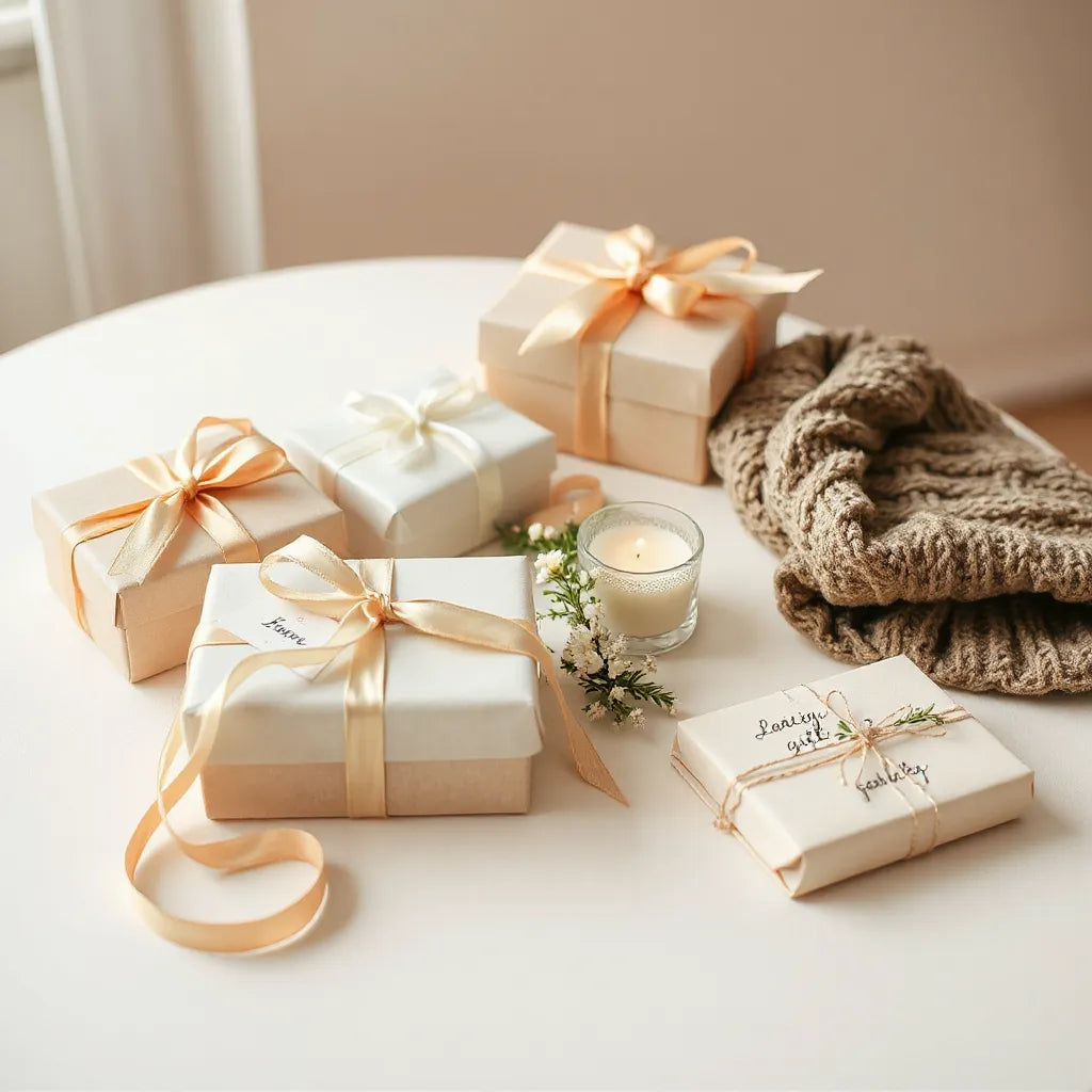 Wrapped gift boxes with ribbons, a cozy item, and a small bouquet on a neutral tabletop