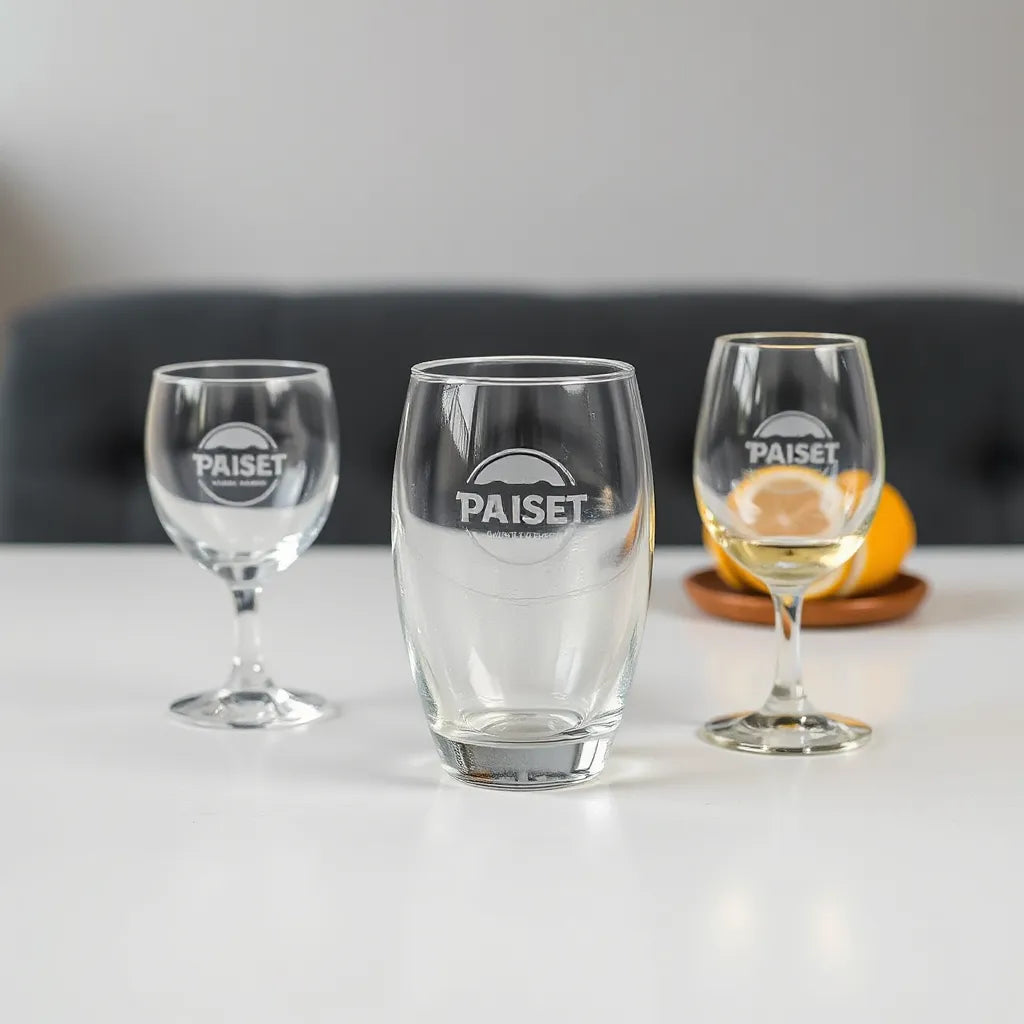 Clear tumblers and a wine glass with fine etched patterns catching soft light