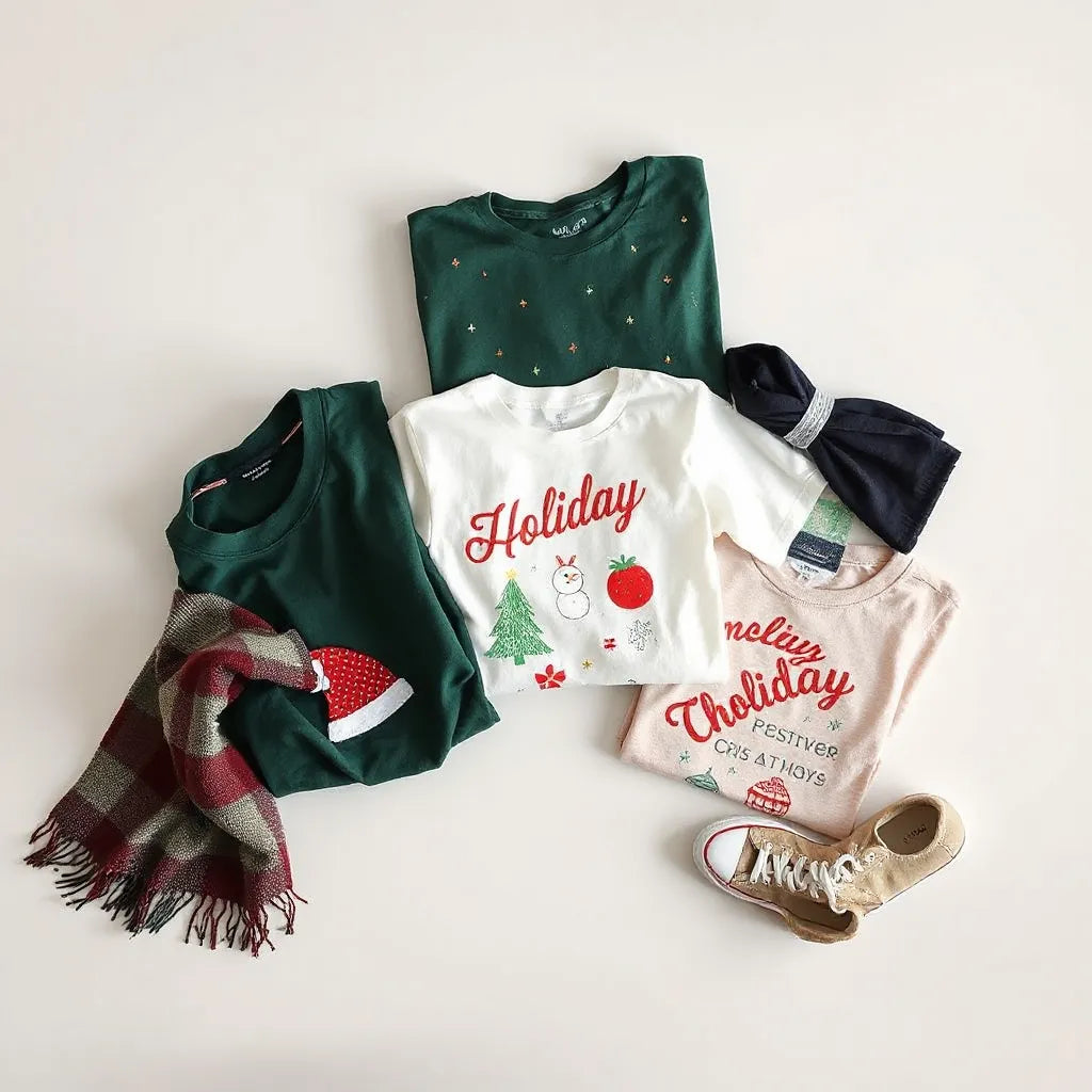Folded holiday t-shirts with festive patterns and a winter scarf on a neutral background