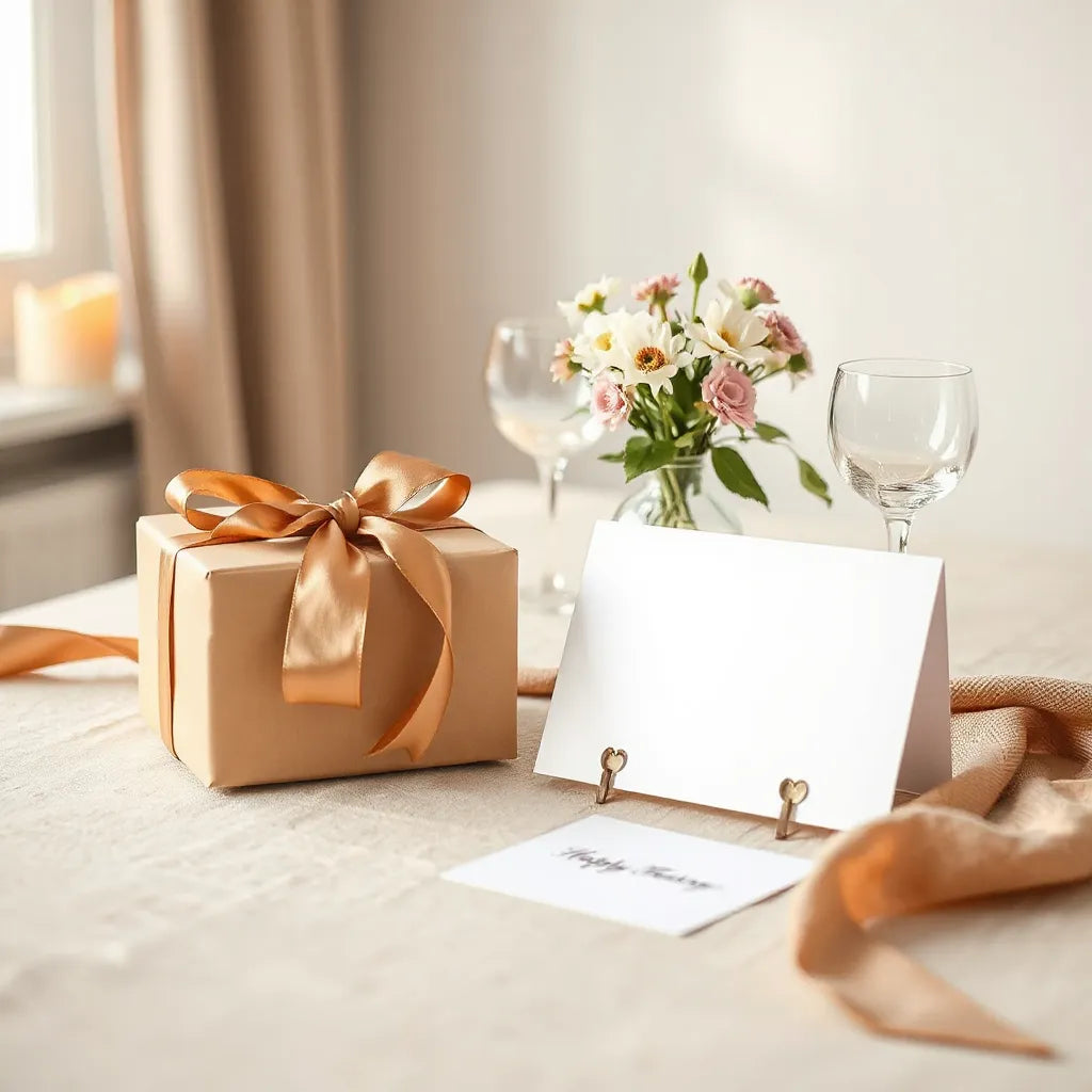 Neatly wrapped anniversary gift box with ribbon, flowers, and warm candlelit background