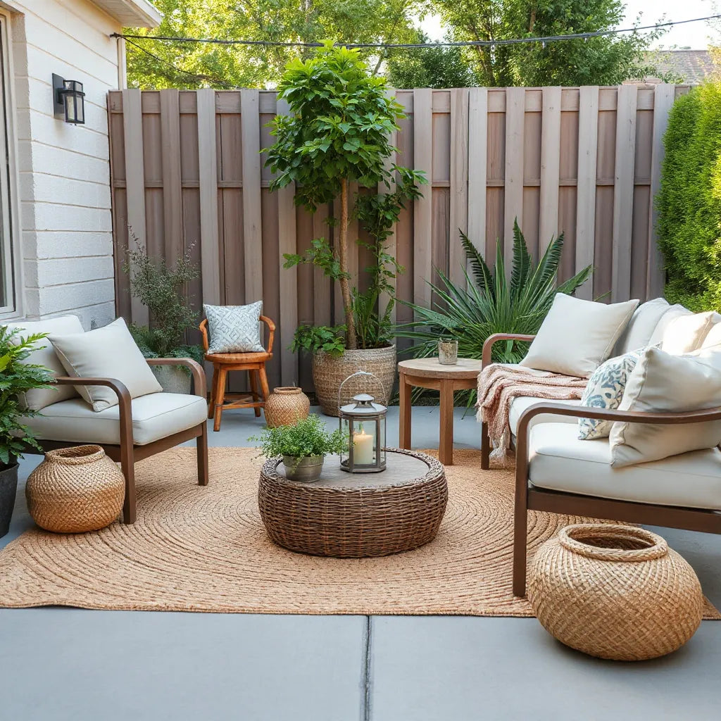 Patio seating styled with an outdoor rug, lantern, string lights, and potted plants