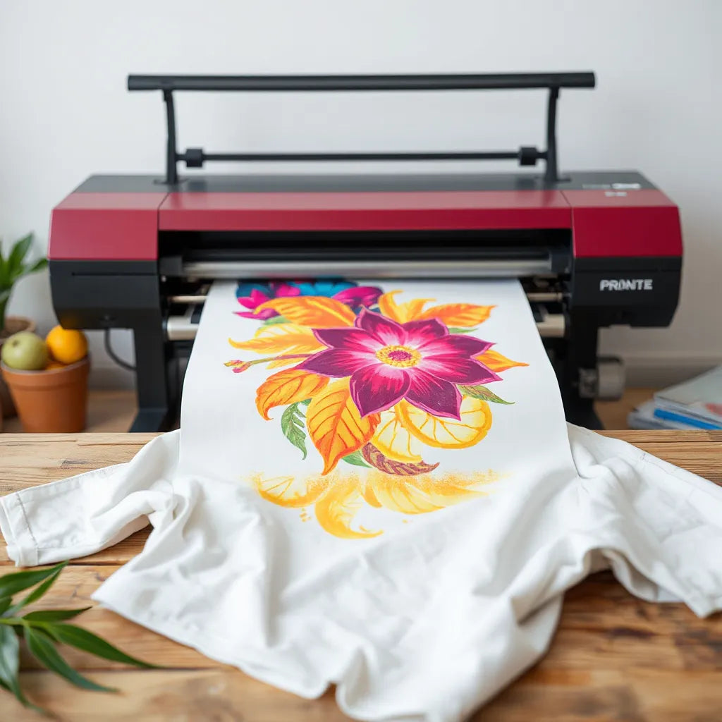 Colorful sublimation transfer on fabric beside a heat press in a clean printing studio