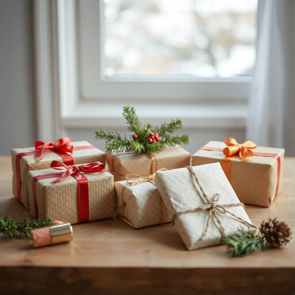 Wrapped holiday gifts with ribbons and a pine branch centerpiece on a clean table