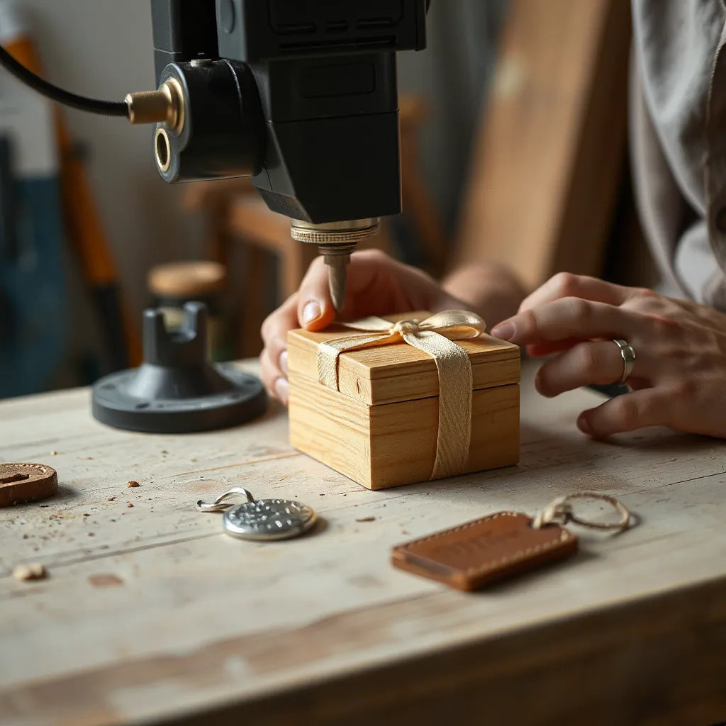 Laser engraver working on a wooden gift box with an engraved pendant on a clean workbench