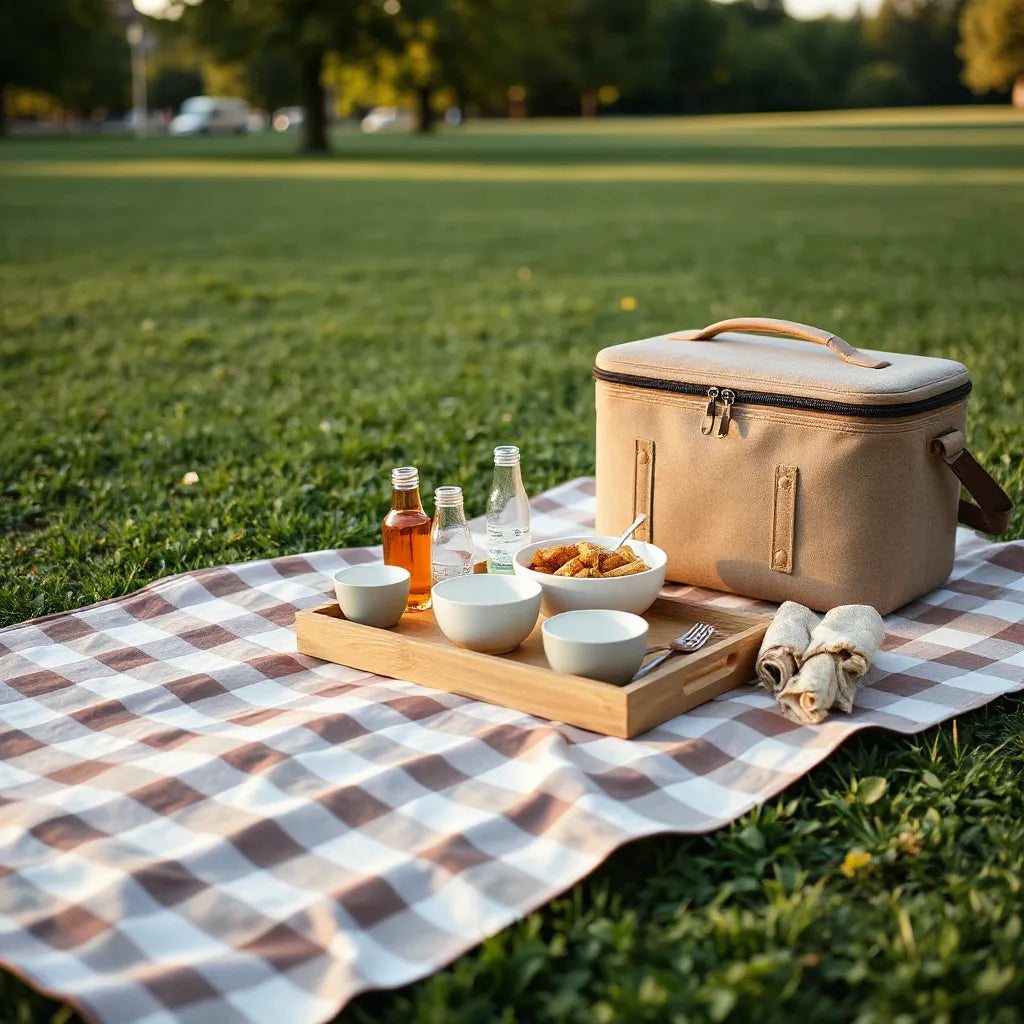 Neatly arranged outdoor picnic with distinctive serving trays, drinks, and cozy accessories on a blanket