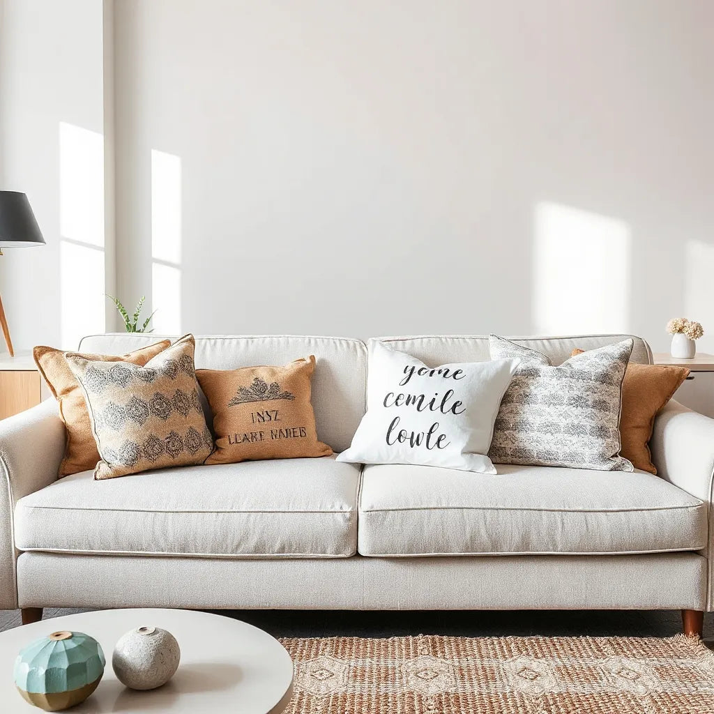 Modern sofa styled with custom-designed throw pillows in warm, neutral tones