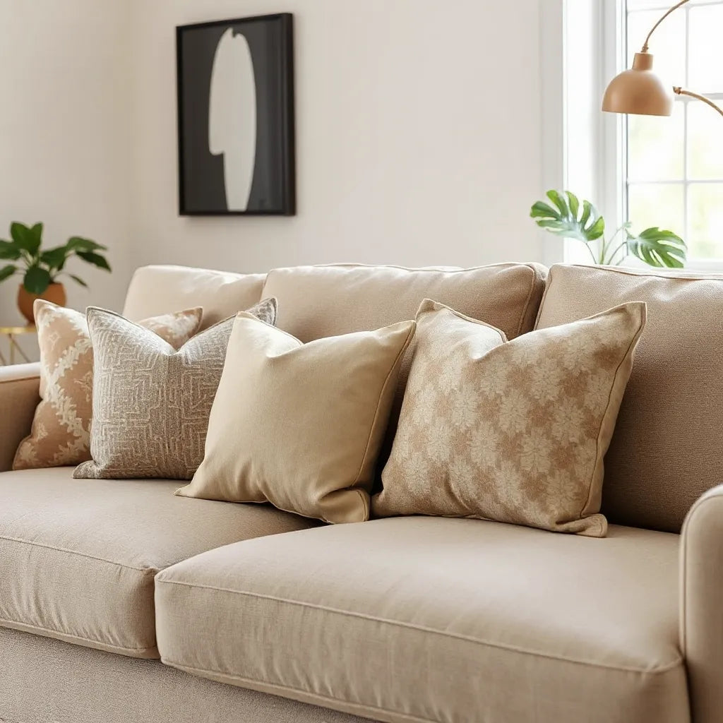 Assorted custom decorative pillows styled on a neutral sofa in a bright living room