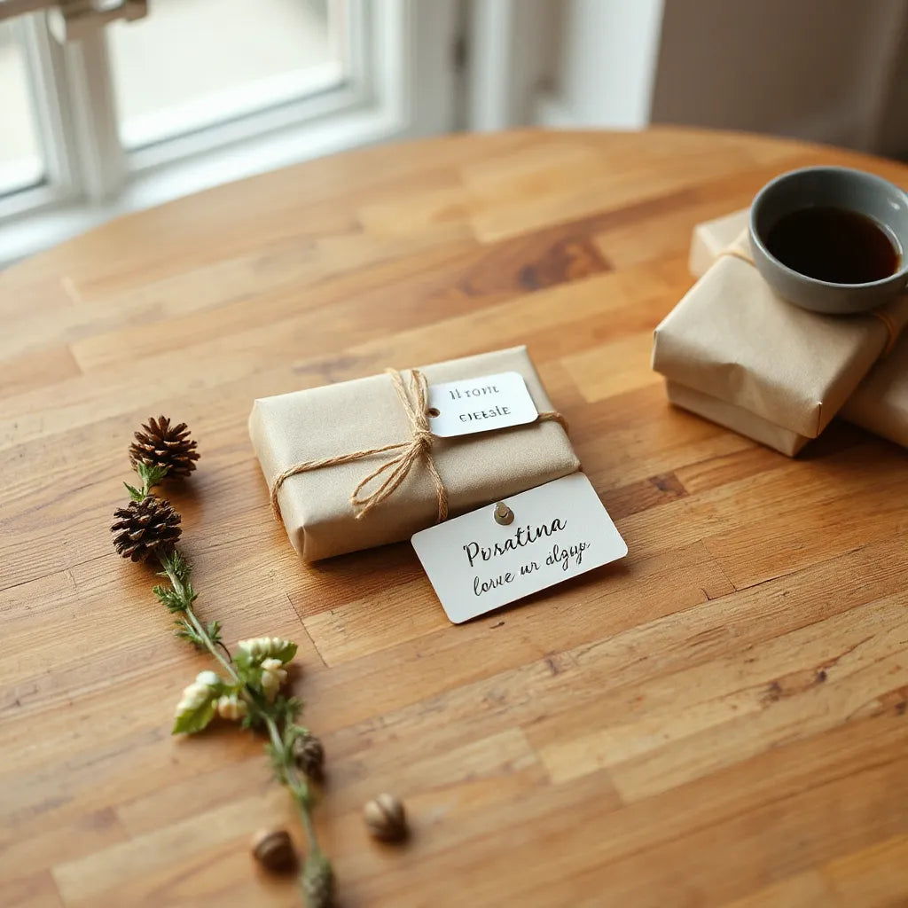 Wrapped gift with a custom name tag, small keepsake, and tied note on a wooden table