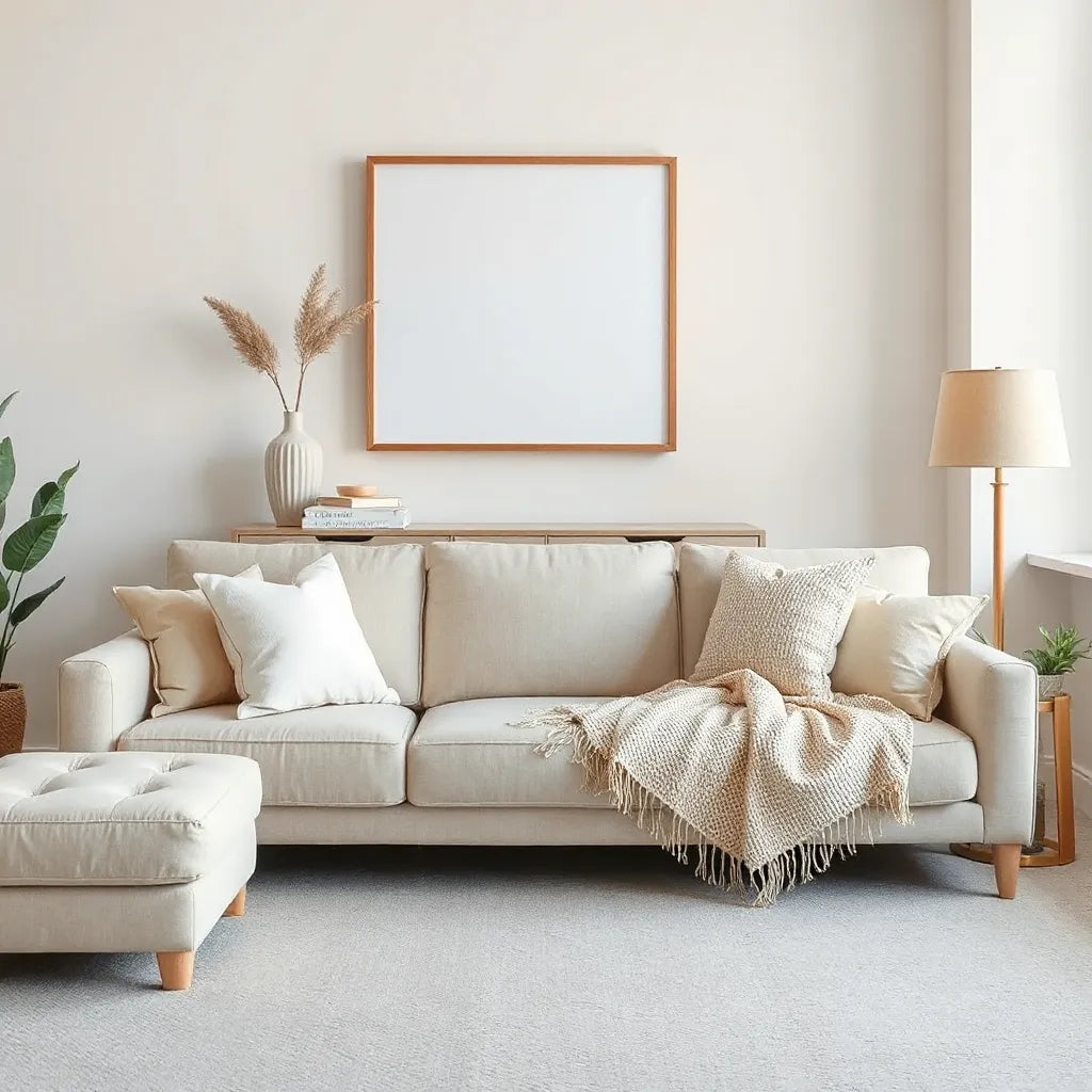 Living room styling with layered pillows, framed wall art, and decorative vase accents