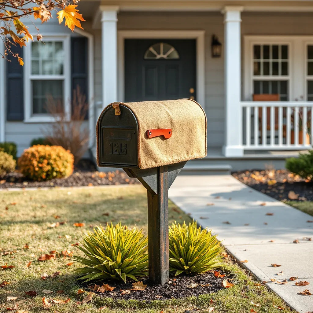 Mailbox fitted with an autumn seasonal cover in front of a tidy home exterior