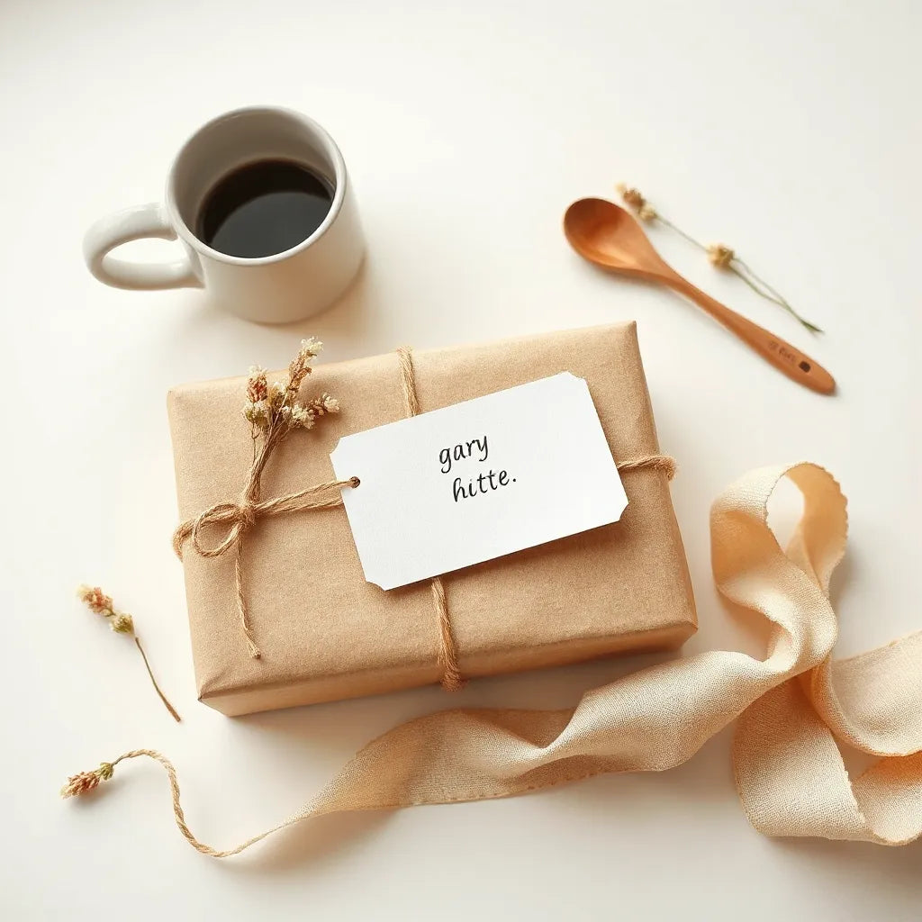 Neatly wrapped gift box with twine and ribbon beside curated items on a light neutral table