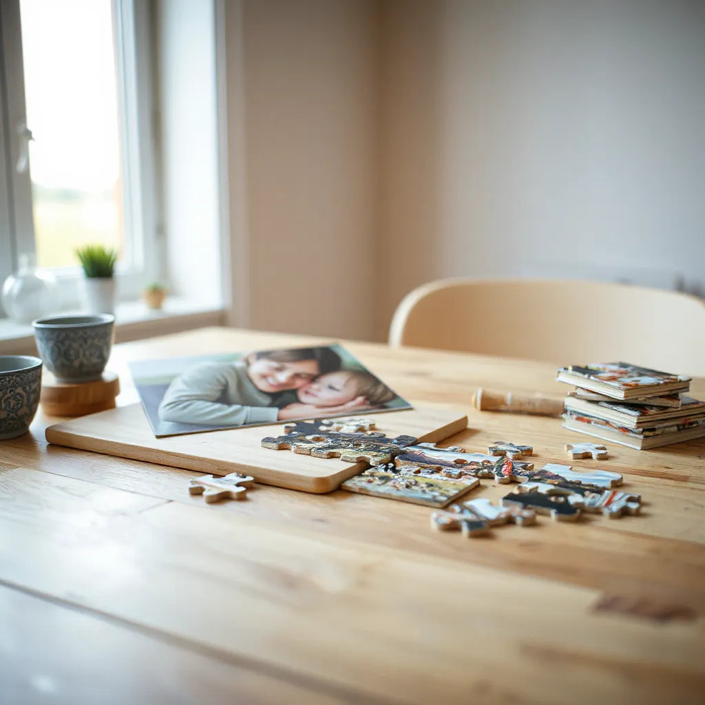 A custom jigsaw puzzle set on a wooden table with completed pieces and remaining pieces nearby