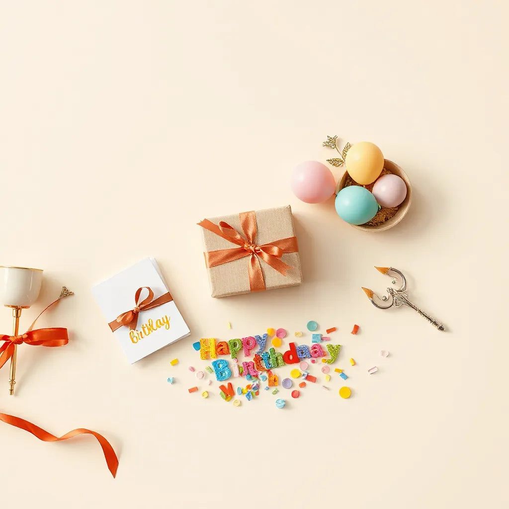 Assorted birthday party items including wrapped gifts, balloons, and a centerpiece on a table