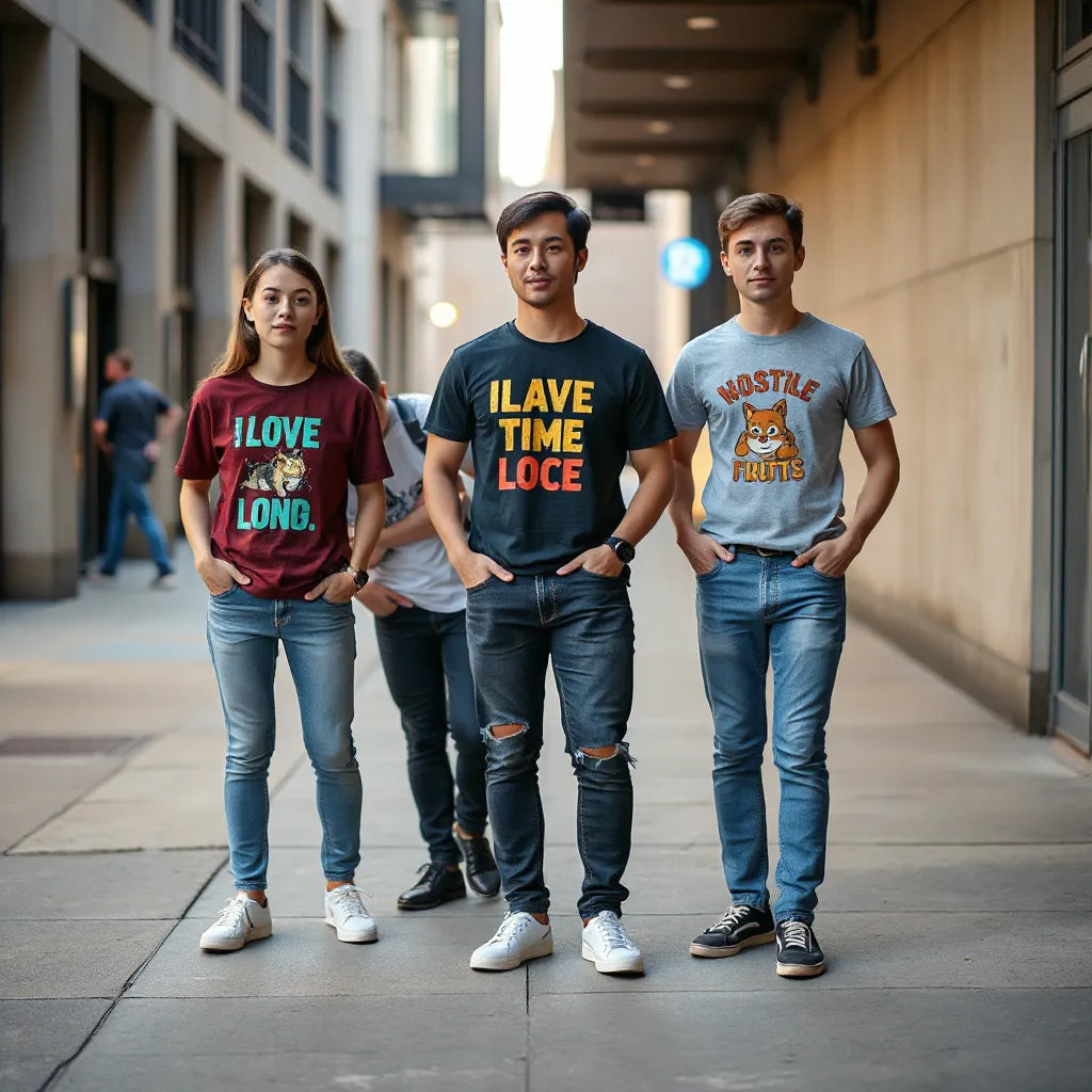 Three people in casual outfits wearing colorful funny graphic tees outdoors in natural daylight