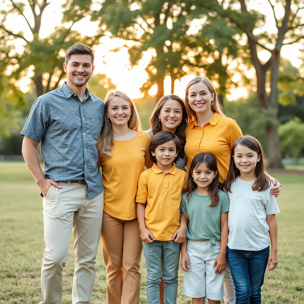 Family standing together wearing coordinated matching shirts outdoors in soft golden light