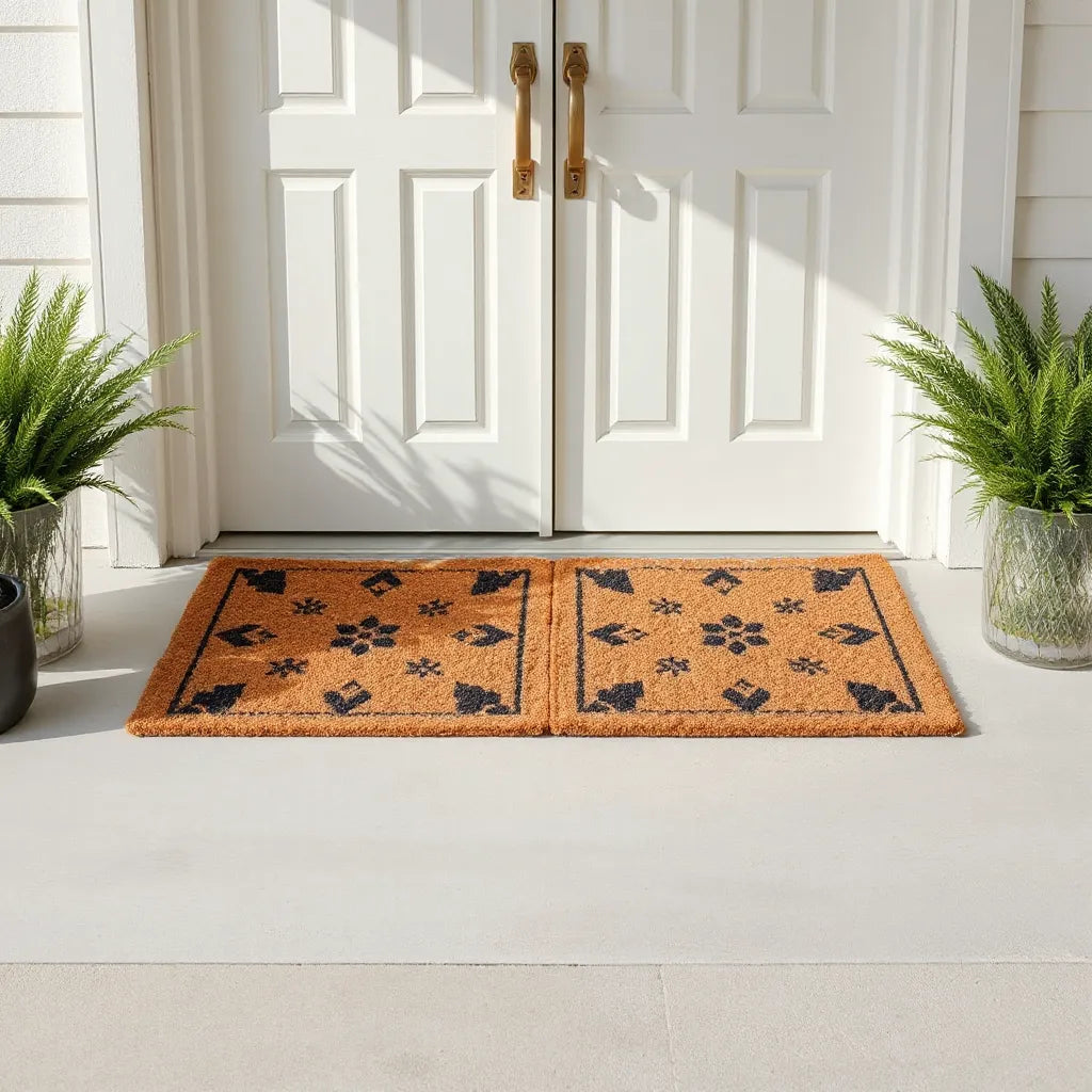 Durable custom doormats placed at a modern front door entrance in natural daylight