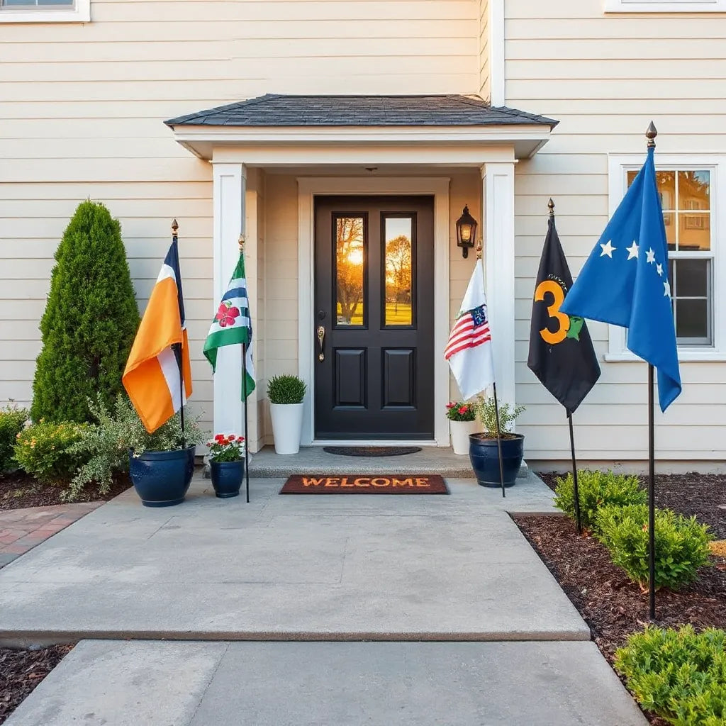 Decorative garden flags on stakes along a walkway beside a porch and potted plants