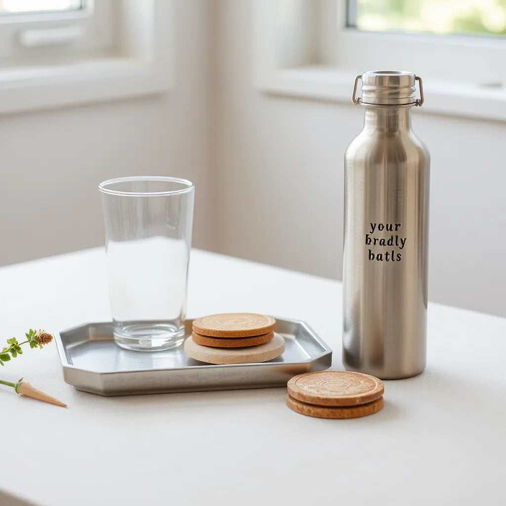 Personalized tumbler and stainless bottle with matching coasters on a light background