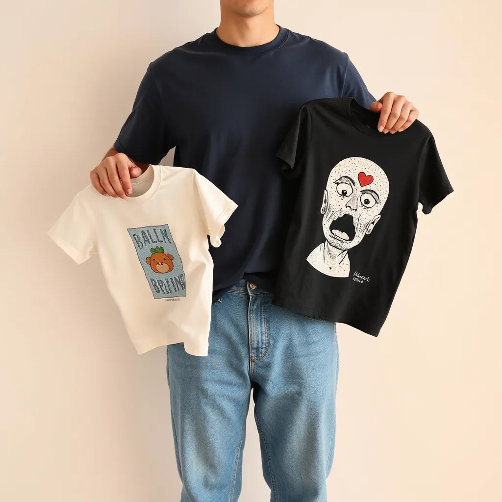 Person holding multiple playful graphic tees on a neutral background