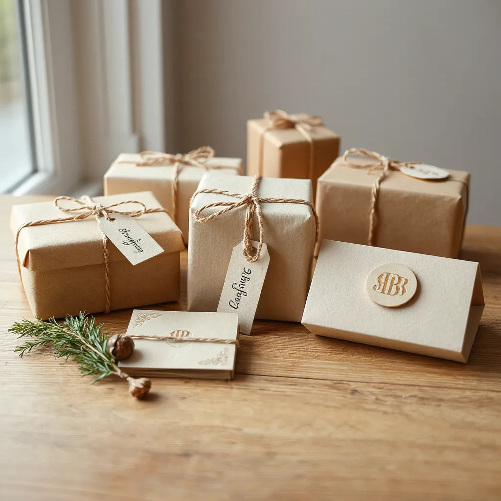 Gift boxes with tied personalized tags and a handwritten-style card on a wooden table
