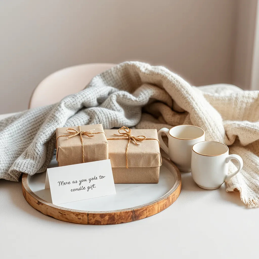 Cozy gift setup for two with wrapped presents and matching mugs on a warmly lit table