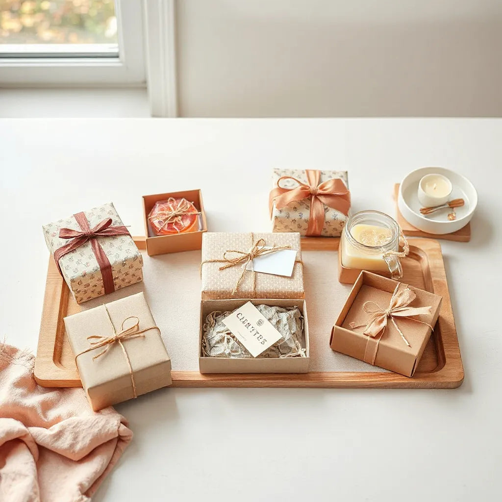 Neatly arranged themed gift sets with coordinated boxes, ribbons, and small curated items