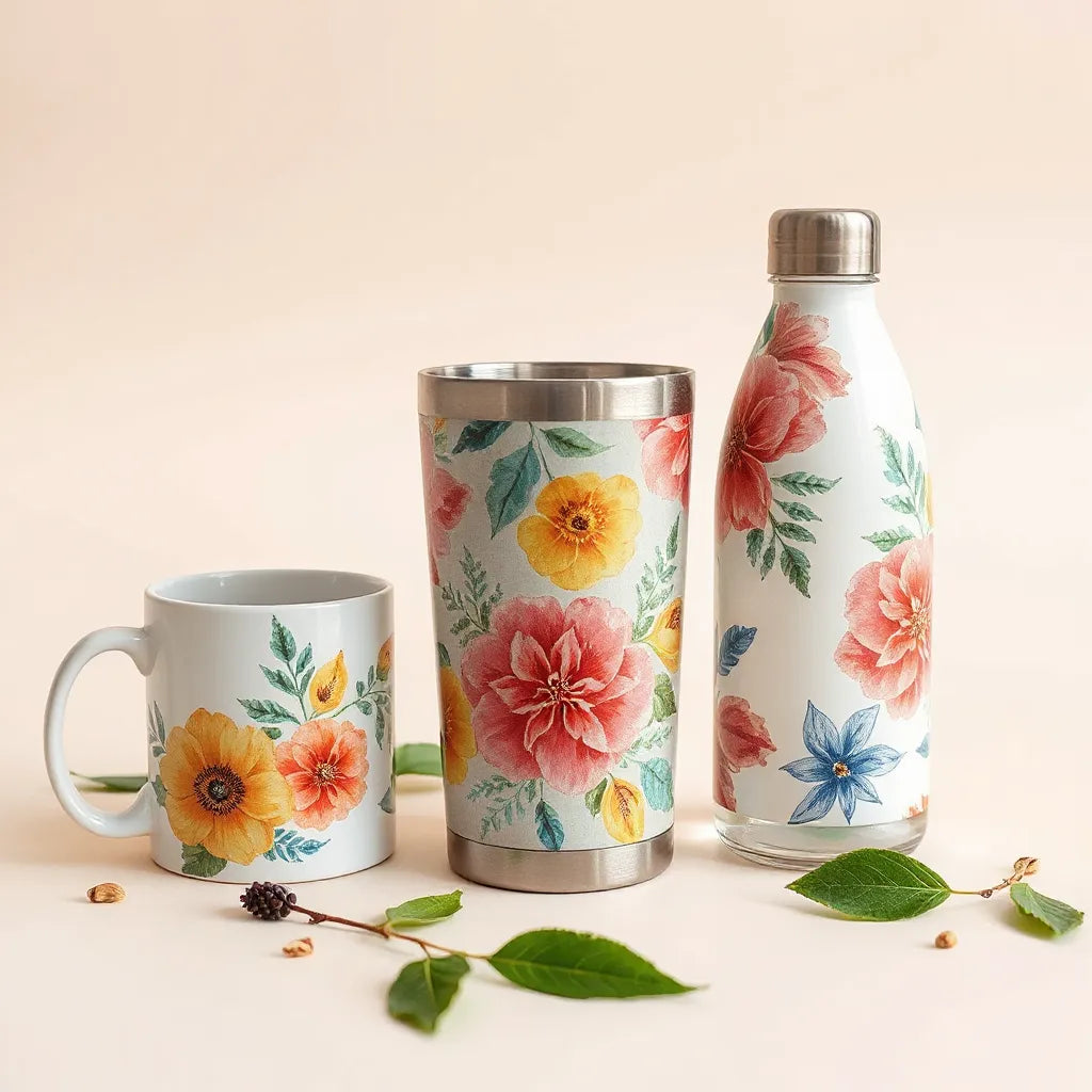 Ceramic mug, tumbler, and bottle with colorful sublimation-style designs on a clean background