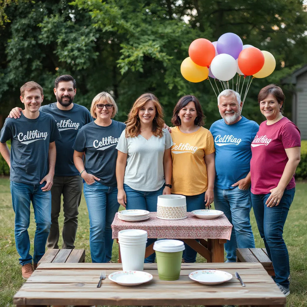 Group wearing coordinated celebration t-shirts at a casual outdoor gathering with balloons in the background