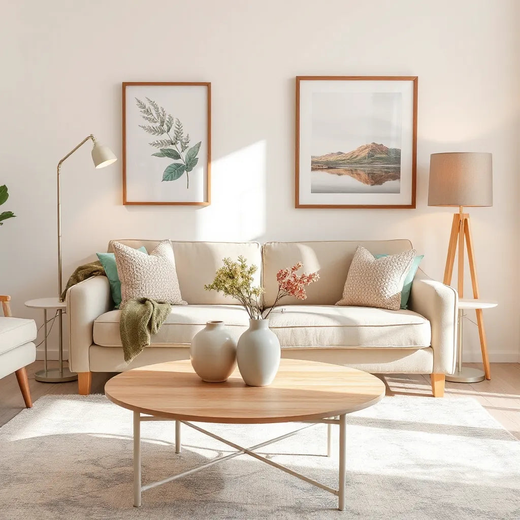Bright living room with neutral sofa, textured pillows, warm lamp, and framed wall art