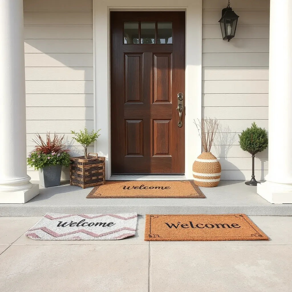 Themed doormats arranged at a front door with natural daylight and a clean entryway