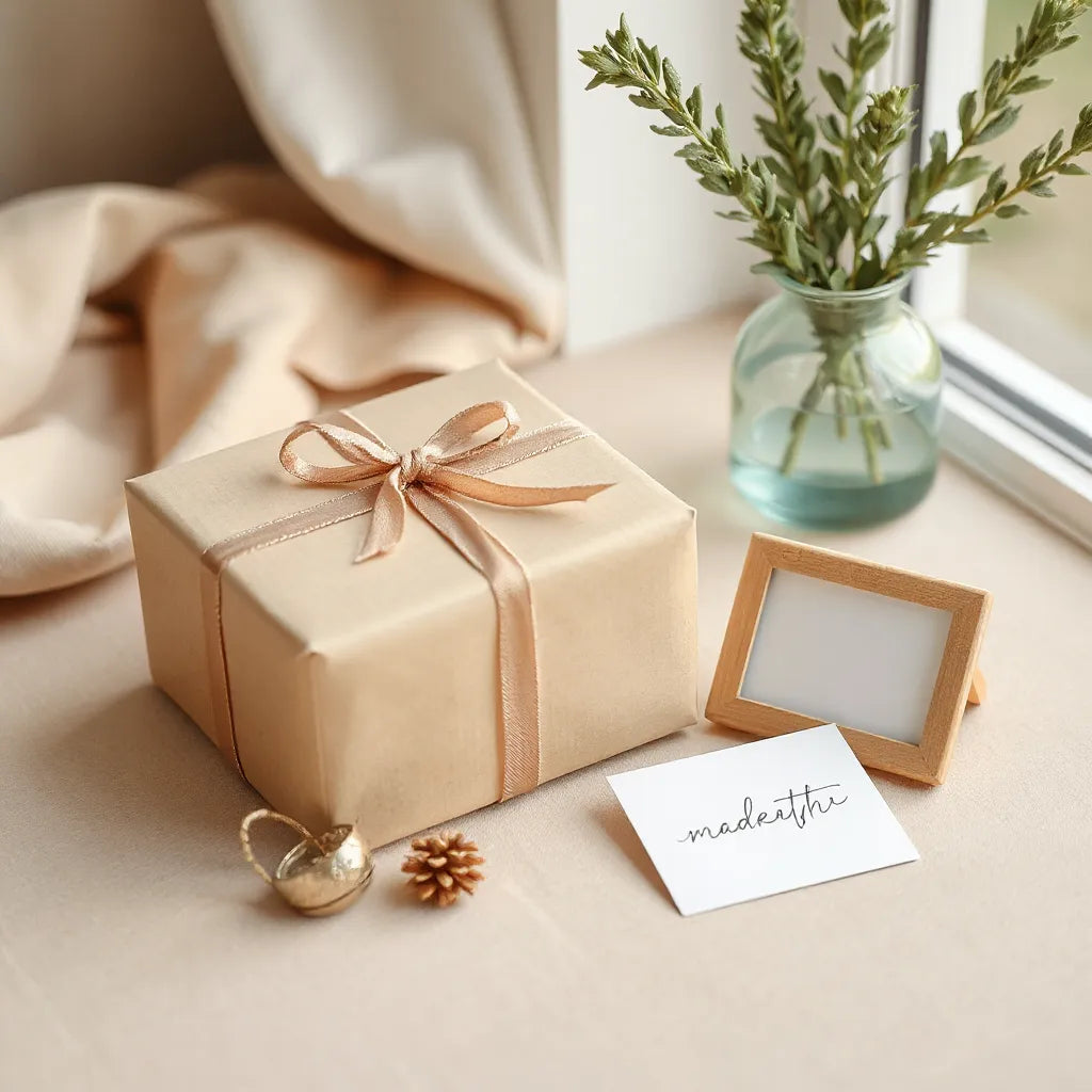 Wrapped gift box with a small engraved memory keepsake and card on a minimal neutral background