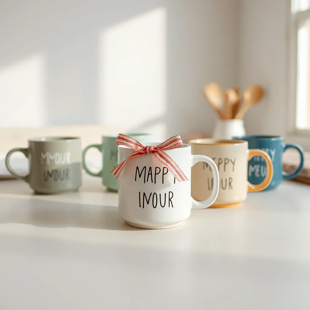 Multiple custom ceramic mugs with subtle printed designs and a gift ribbon on a light tabletop