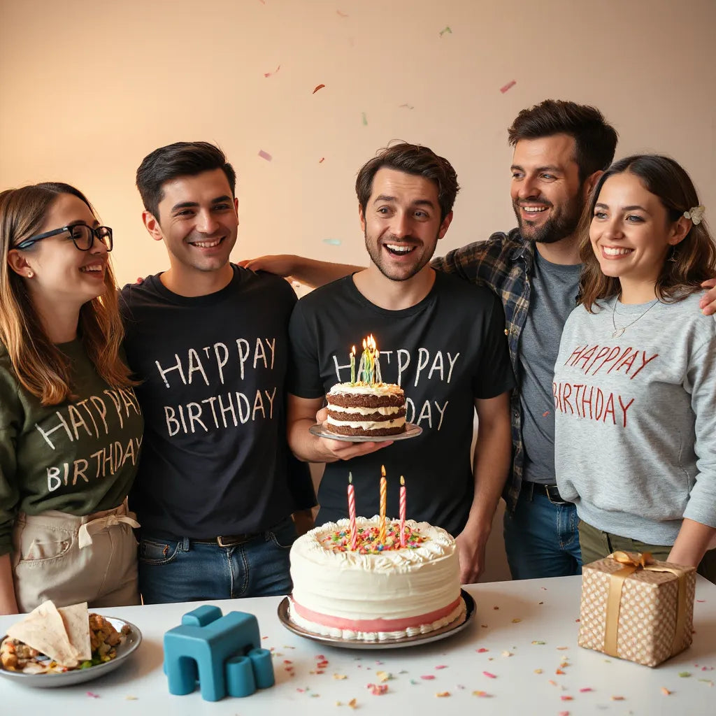 Friends smiling at a birthday party while wearing playful funny t-shirts and holding a small cake