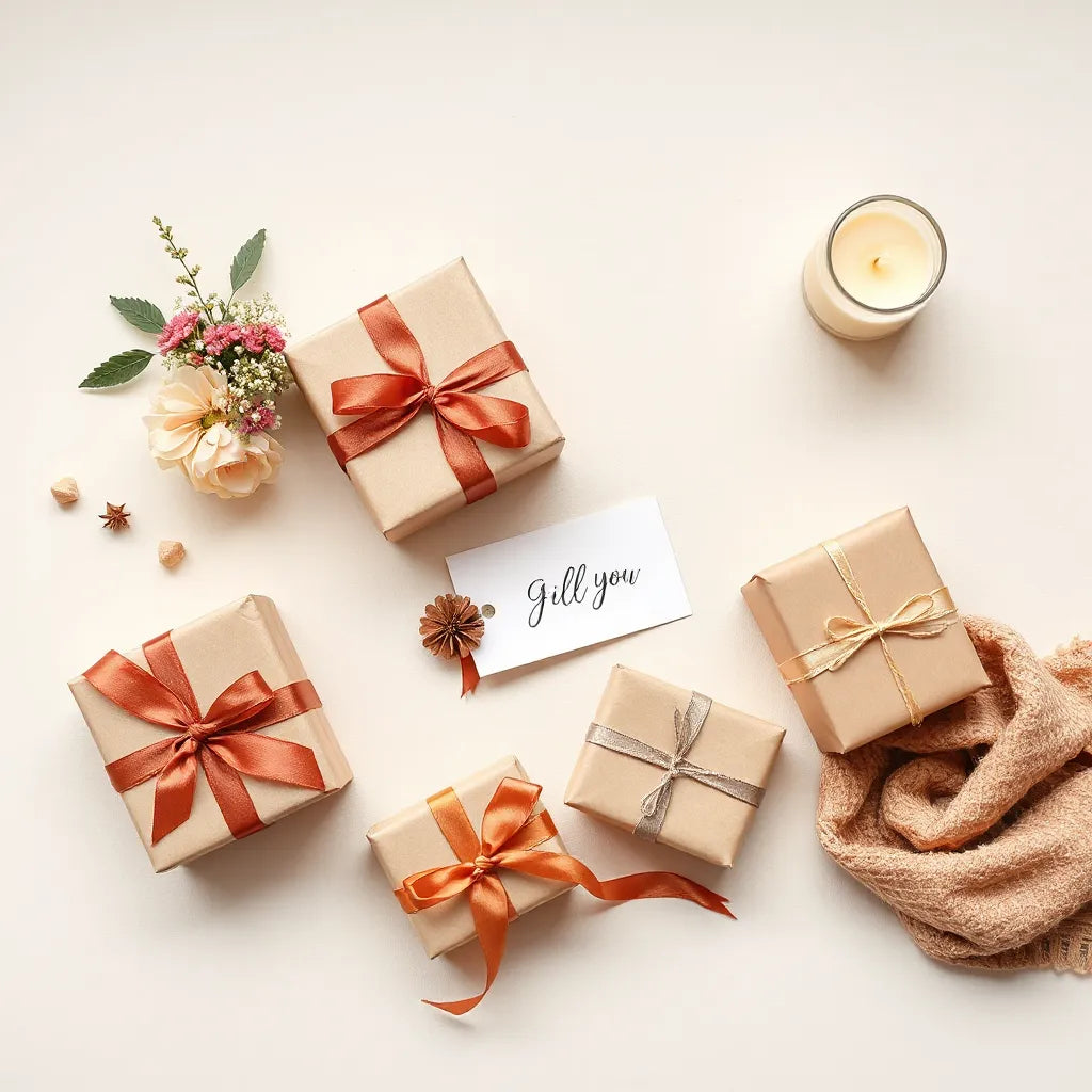 Assorted wrapped presents with satin ribbons and a blank gift card on a neutral table
