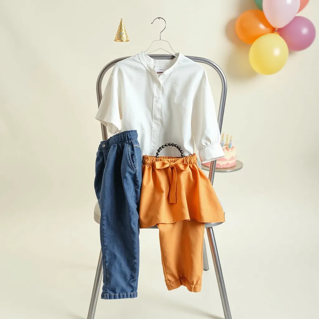 Birthday outfit styled with a matching top and accessories near a soft-focus cake and balloons