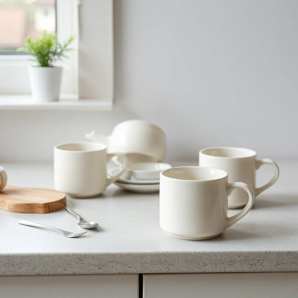 Assorted ceramic mugs on a kitchen counter with natural light and soft shadows