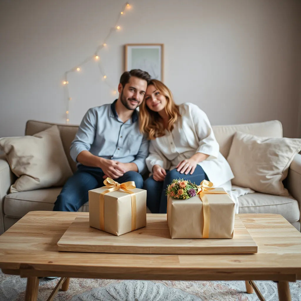 Couple on a couch with two wrapped gifts and a small bouquet on the coffee table