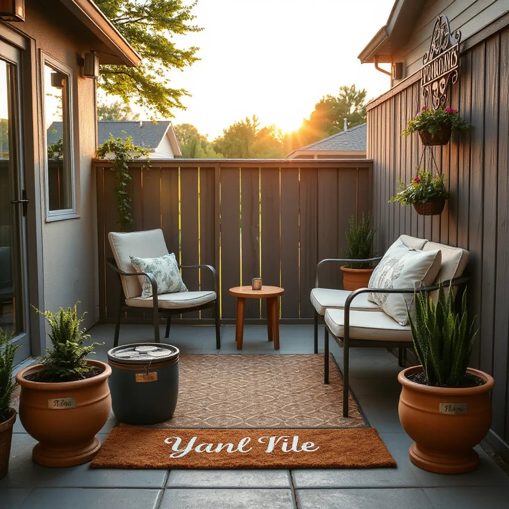 Styled outdoor patio with custom doormat, engraved planters, and monogram throw pillows