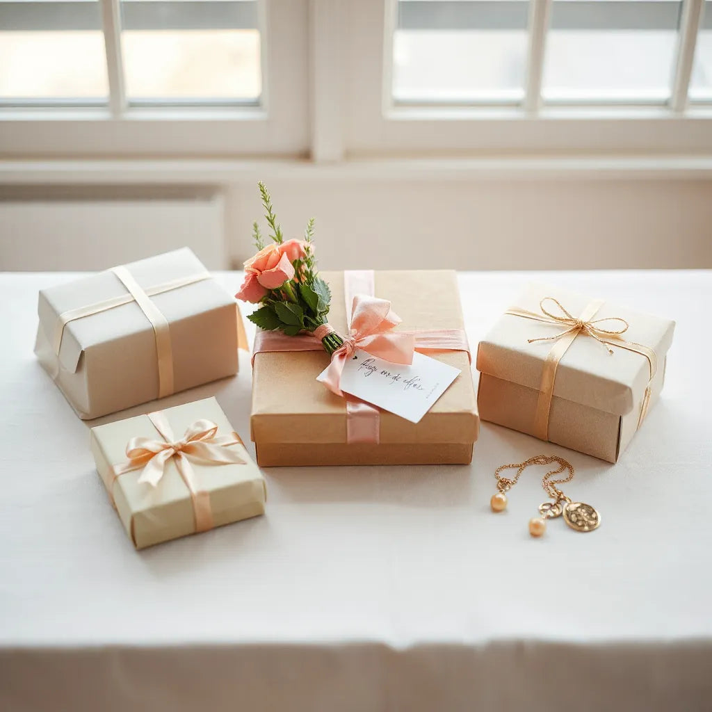 Assorted wrapped gifts with ribbon and a small bouquet on a clean neutral tabletop.