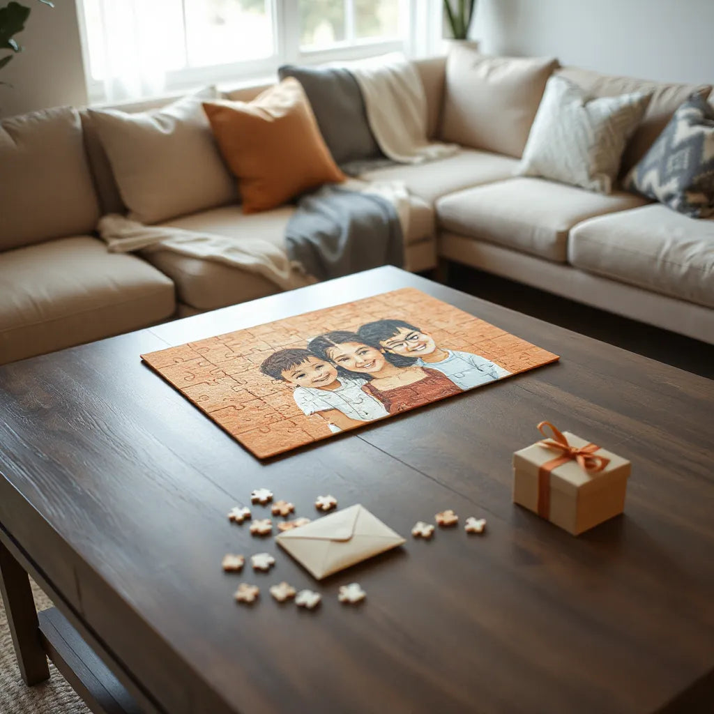 Finished jigsaw puzzle on a coffee table with a few matching pieces nearby in a cozy living room