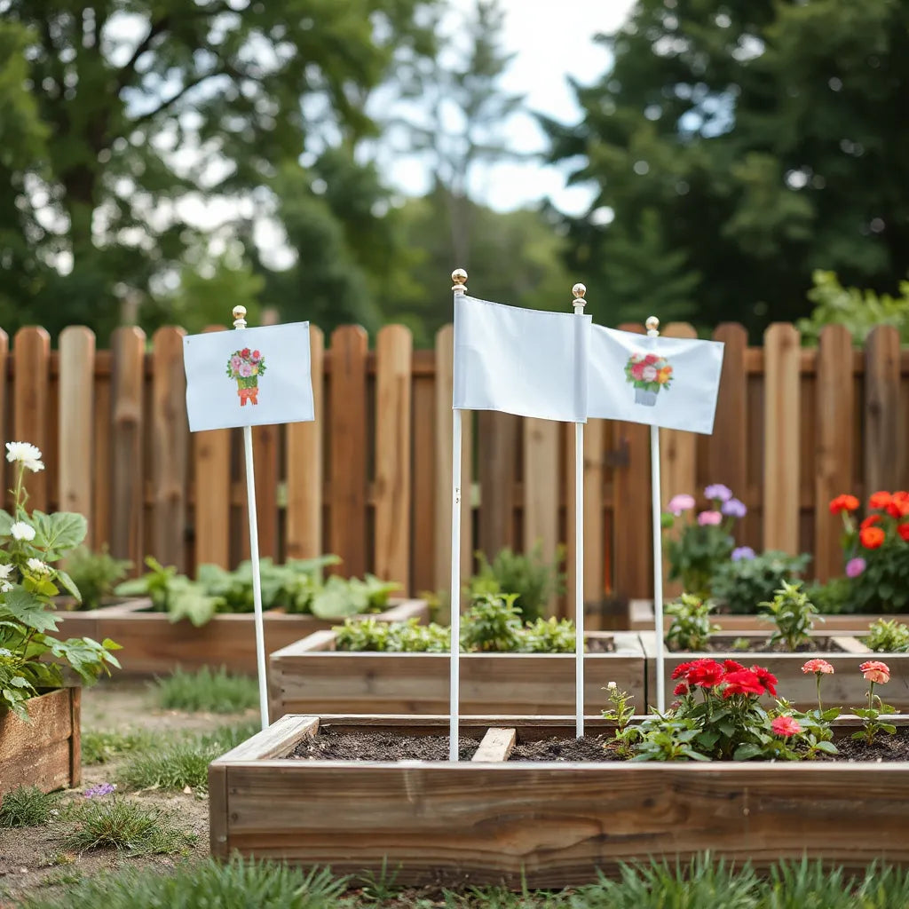 Several customized garden flags on stakes along a garden fence with blooming greenery behind