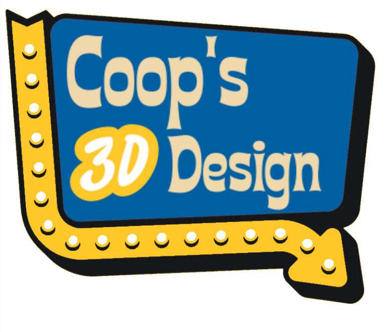 “Coop’s 3D Design” logo in a blue speech-bubble sign with a yellow marquee-style border and arrow, featuring cream and yellow lettering.
