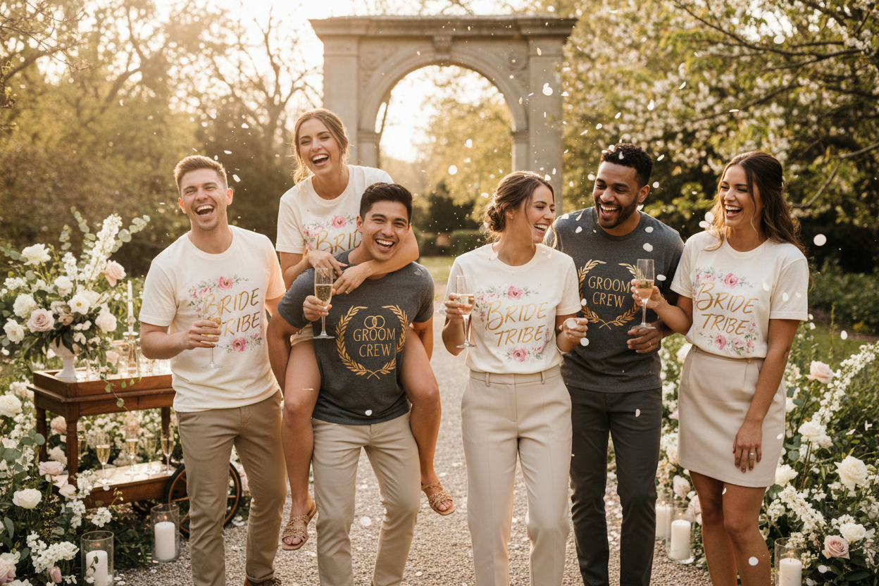Happy wedding party at an outside venue