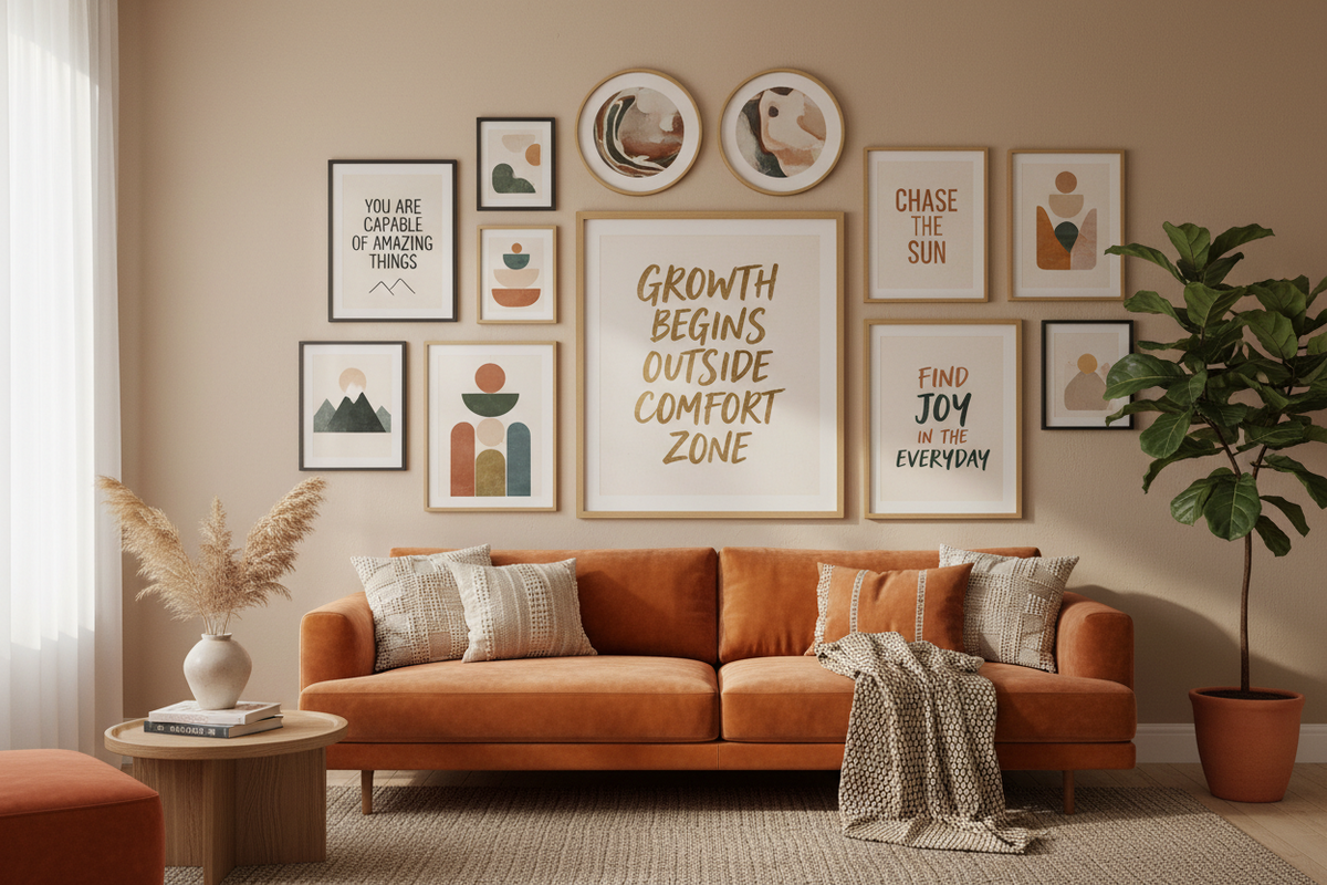 Living with couch and canvas pictures on the wall