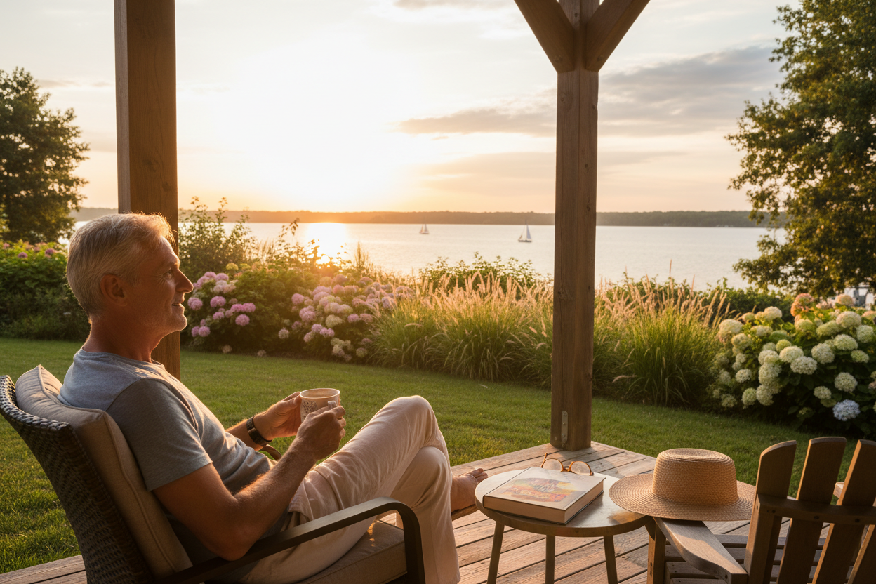 Retired man relaxing on a porch at sunset with a cup of coffee, overlooking a peaceful lake and garden, capturing a calm “new chapter” retirement vibe.