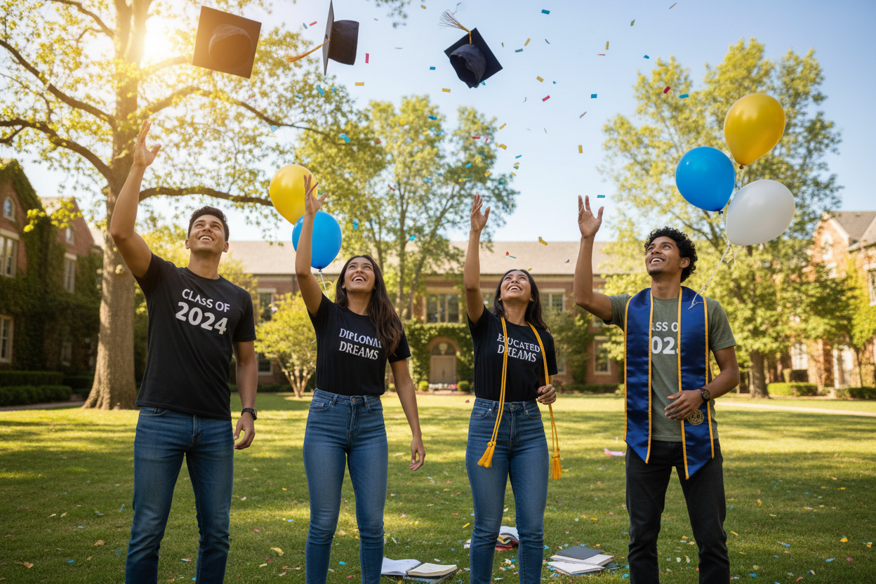 Group of graduates celebrating outdoors on campus, wearing graduation-themed t-shirts and tossing caps in the air with confetti and balloons.