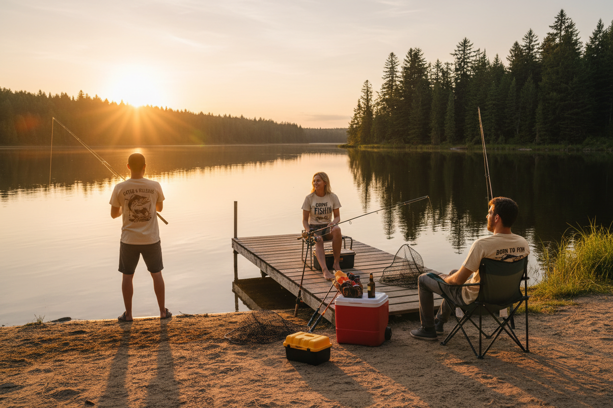 Three friends fishing at sunset by a calm lake, relaxing on a dock and shoreline with rods and a cooler, wearing casual fishing-themed graphic t-shirts.
