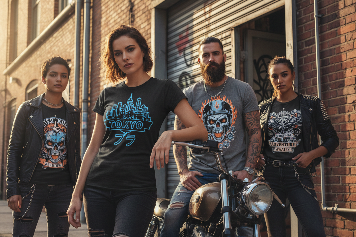 Group of four people in an urban alley wearing bold adventure-themed graphic t-shirts (cityscape “Tokyo” design and skull/moto prints), posing near a motorcycle against brick walls and graffiti.