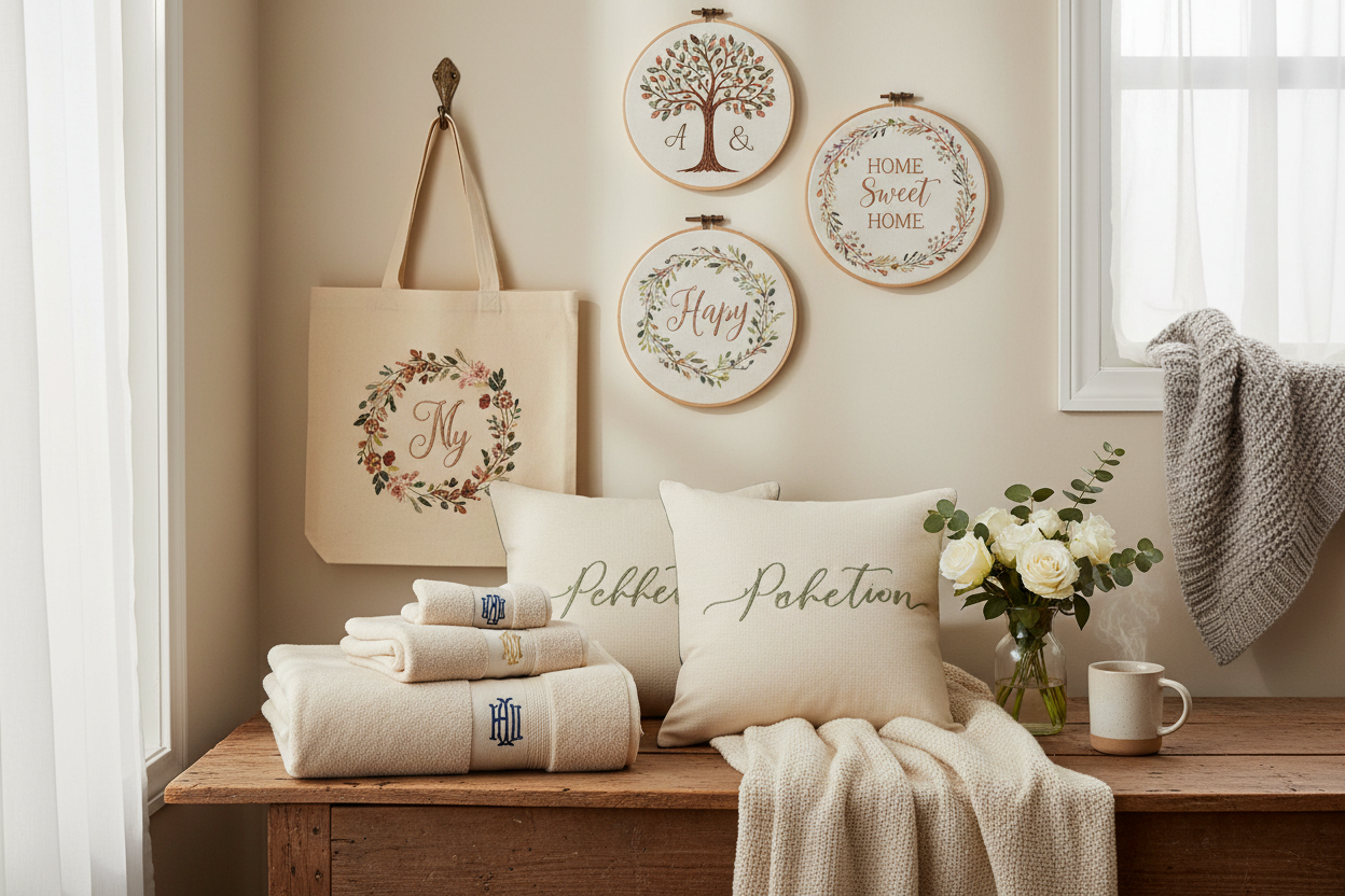  A display of embroidered towels, a tote, two pillows, wall art and a blanket.