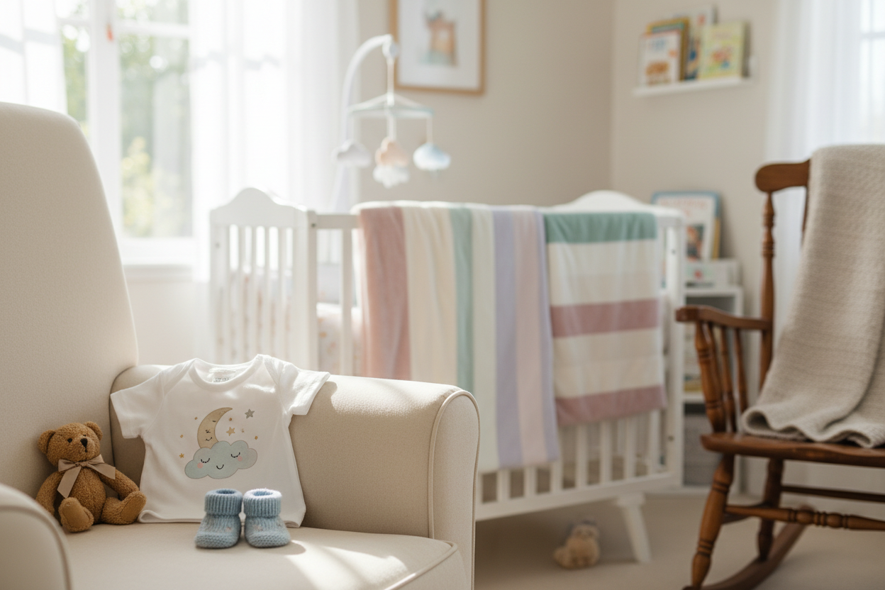 Baby room with rocking chair and baby bed.